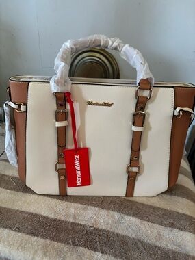 Montana West Cream and Tan Structured Satchel with Buckle Straps